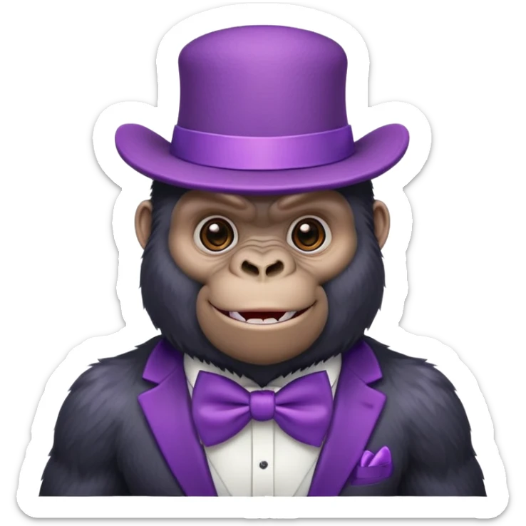A cute, furry gorilla wearing a big purple hat and a bow tie and looking happy. sticker