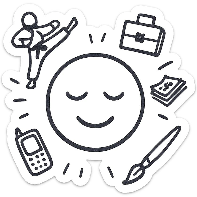 Yellow emoji with karate dogs, a briefcase, money, a phone and a paintbrush flying in its aura sticker