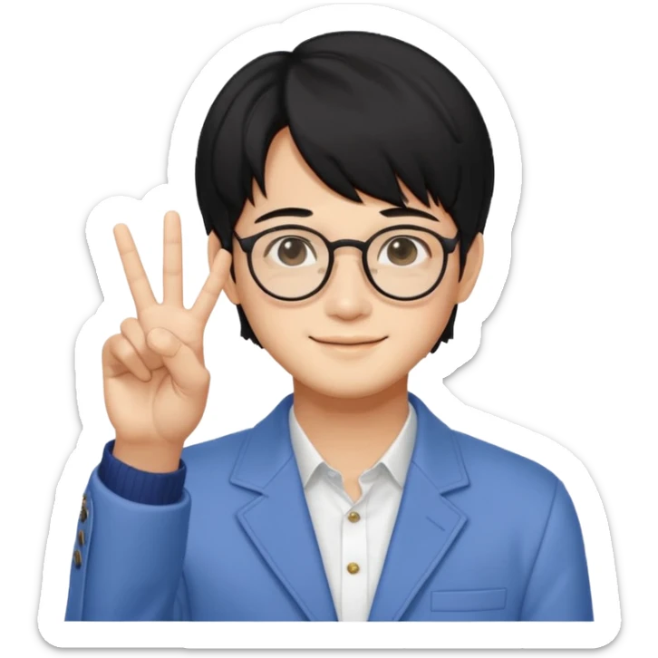 kim taehyung do bts de cabelo preto, óculos, sorrindo e fazendo dois com a mão esquerda  sticker