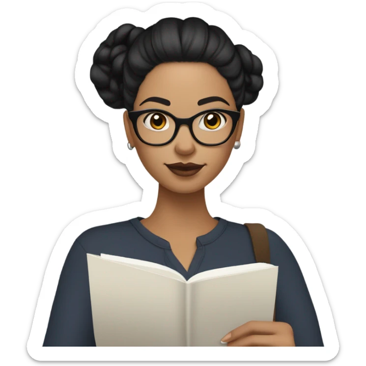 A woman with Black hair with a bun in the top of her head, she has glasses, she is writing a note on her notebook, we can see her pencil, she has white skin and skin tone lips sticker