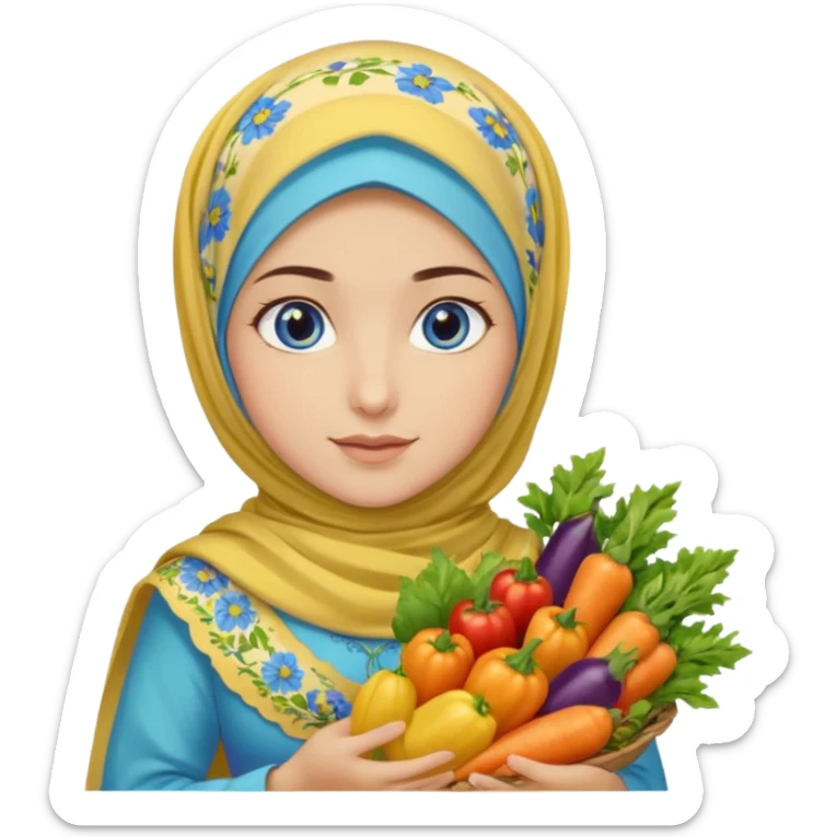 Turkish beautiful finish Konya girl blue eyes with floral yellow and lila hijabi dress and she had on her hand vegetables  sticker