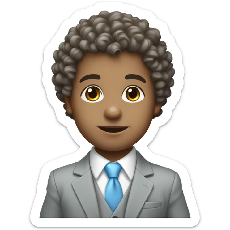 Little young  gentleman wearing a grey suit with white shirt and baby blue tie with blue eyes , white skin and brown  curly hair without grey hair and full body . Wearing a watch and greek sticker