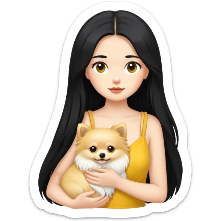 Fair-skinned girl - long black hair - white sling - holding a yellow long-haired Pomeranian sticker
