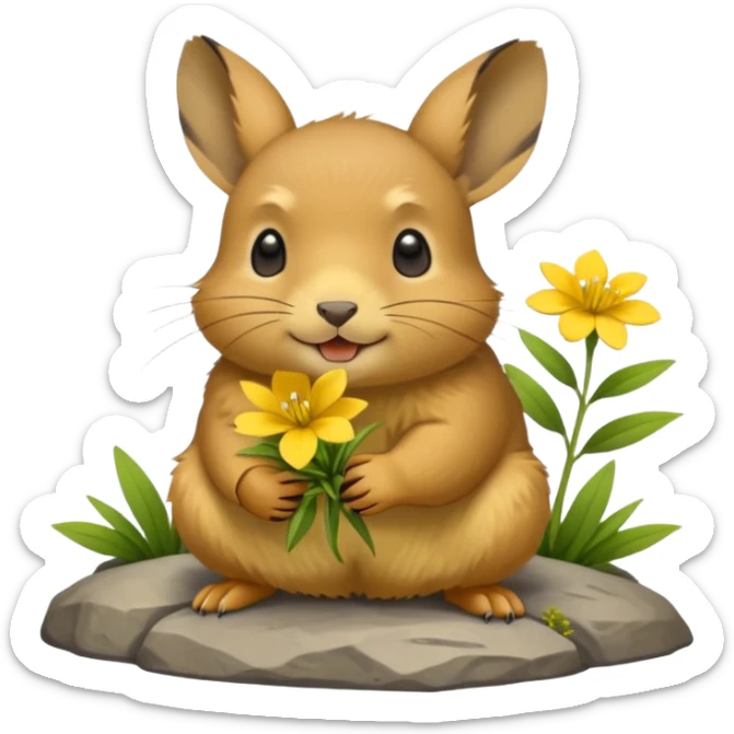 small round mountain pika on all fours, holding flowers in its mouth sticker