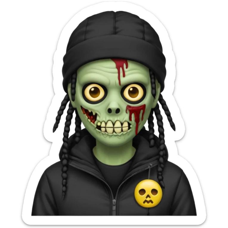 a zombie emoji with black dreads and a black nike jacket and black nike ski mask on his head sticker
