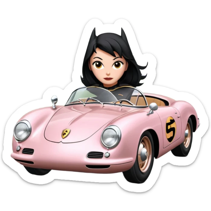 Adult BatGirl driving her satin-black and rose gold 1955 Porsche 550 Spyder too fast in the country, despite the rainy conditions making the tires slippery, sliding sideways with her black hair fluttering in the wind sticker