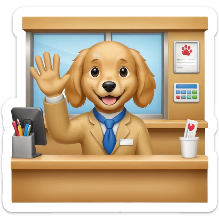 golden retriever receptionist emoji, waving paw, behind a counter, cheerful and welcoming sticker