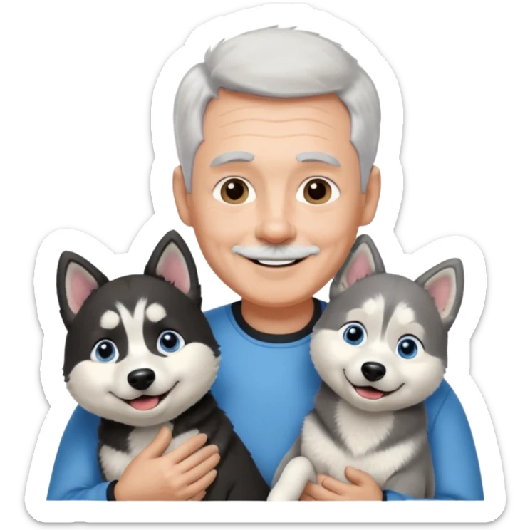 A smiling 60 year old man with blue eyes and short light gray hair and no facial hair, holding a single black and white husky dog with floppy ears and white tuft eyebrows  sticker