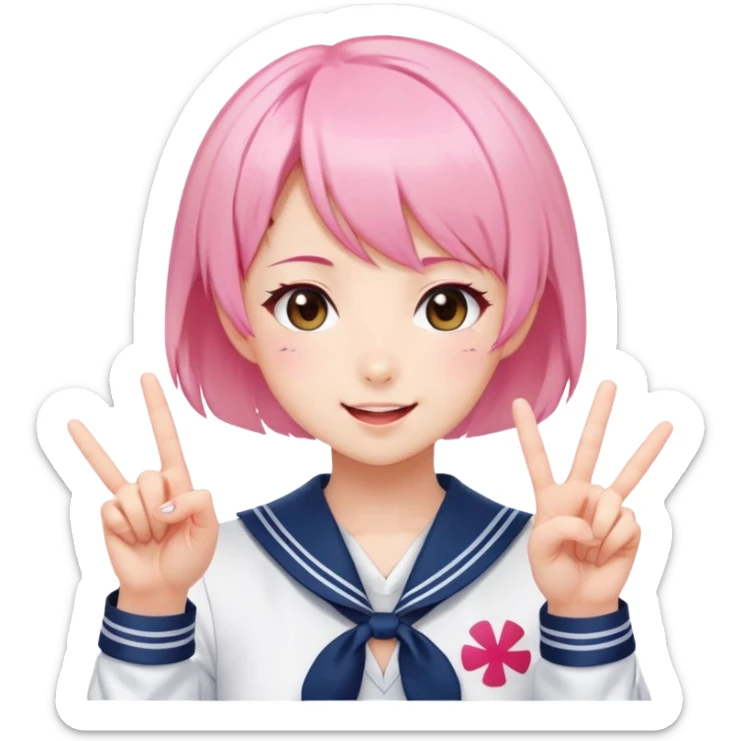 Energetic anime girl with short pink hair wearing Japanese sailor style school uniform, winking and making double peace signs, very cheerful and bubbly, kawaii style sticker
