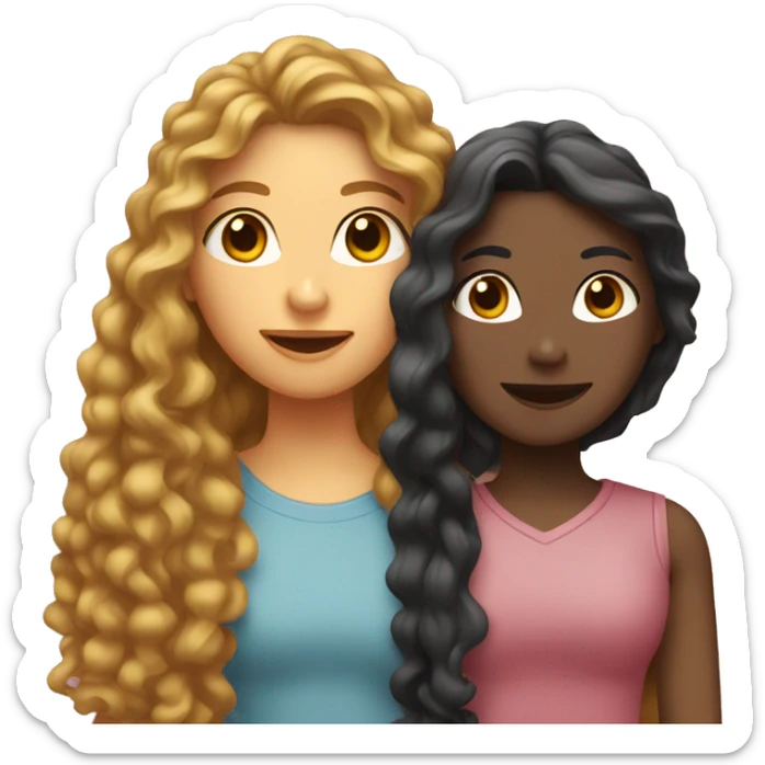 Two female friends with long hair, one is straight and the other is curly. They have the same skin tone and a heart between them. sticker