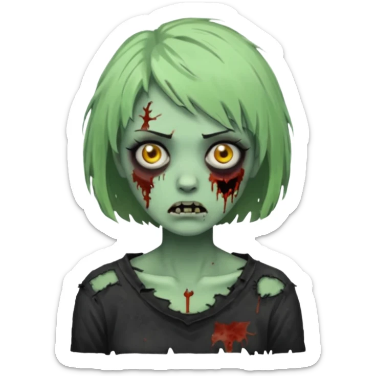 Uma zumbi de pele verde cabelo chanel todo preto bagunçado sticker