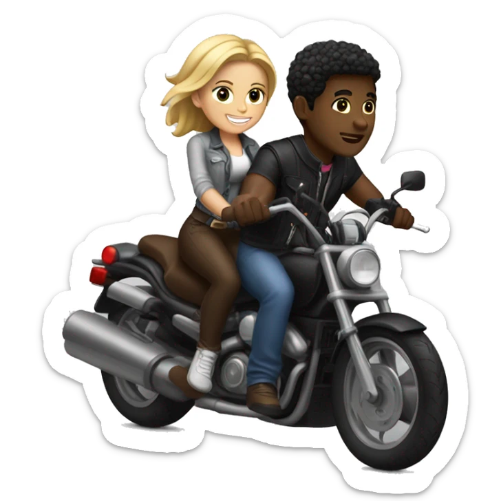 Black guy with brown hair riding motorcycle with bkack girl with blonde girl on the back sticker