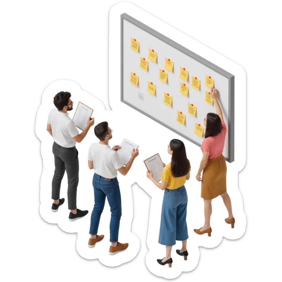 a group of creative people brainstorming at a whiteboard filled with sticky notes, skeuomorphism style sticker