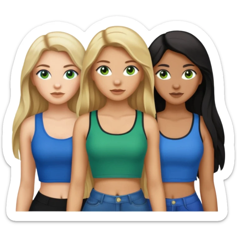 Three women, one with light skin with dark blonde long hair with green eyes, light skin black long hair with brown eyes and light skin long blonde hair with blue eyes wearing crop tops sticker