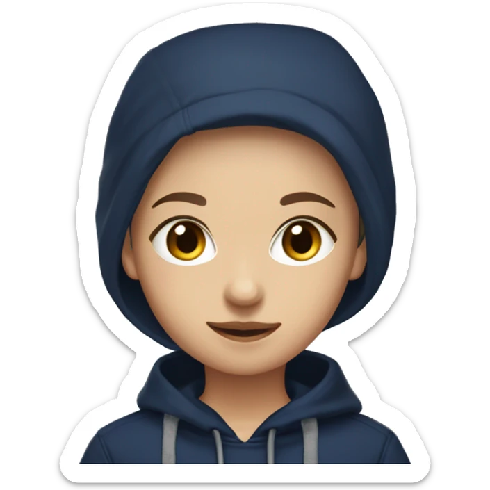 A causian girl with brown, wispy tied back hair wearing a navy blue hoodie with black cargos sticker