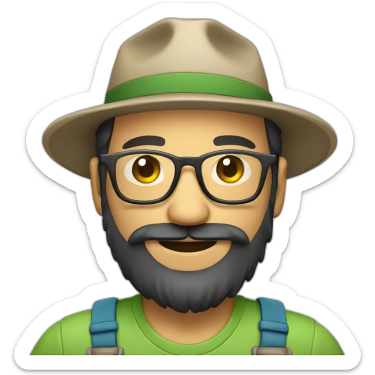 full body of an happy gardener face long dark beard and short dark hair with little transparent glasses and a hat sticker