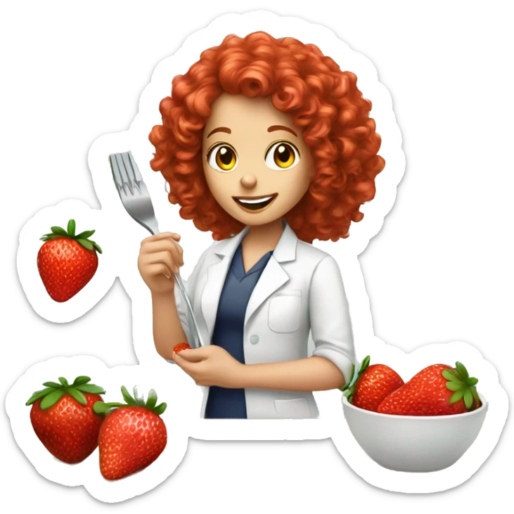 dietitian girl  red curly hair eating a strawberry  sticker