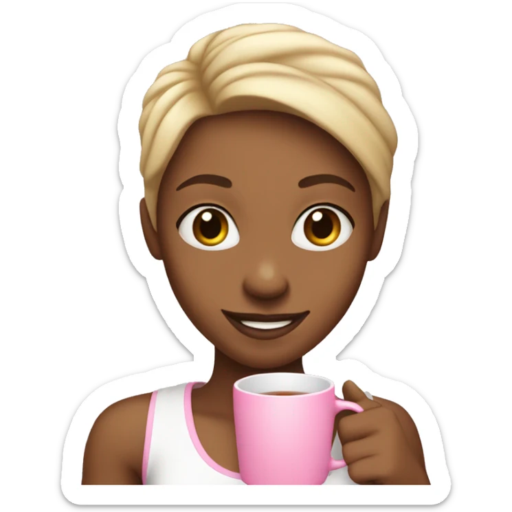 Light skin girl smiling , wearing a white tank top and holding a pink mug with tea in it  sticker