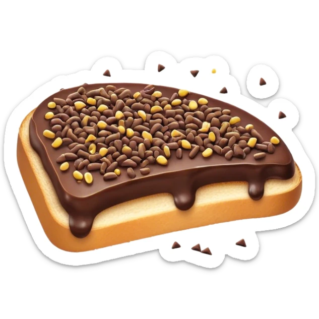 Hagelslag Cinematic Realistic Hagelslag Treat Emoji, depicted as crunchy chocolate sprinkles scattered on a slice of buttered bread, rendered with vivid textures and playful, inviting lighting. sticker