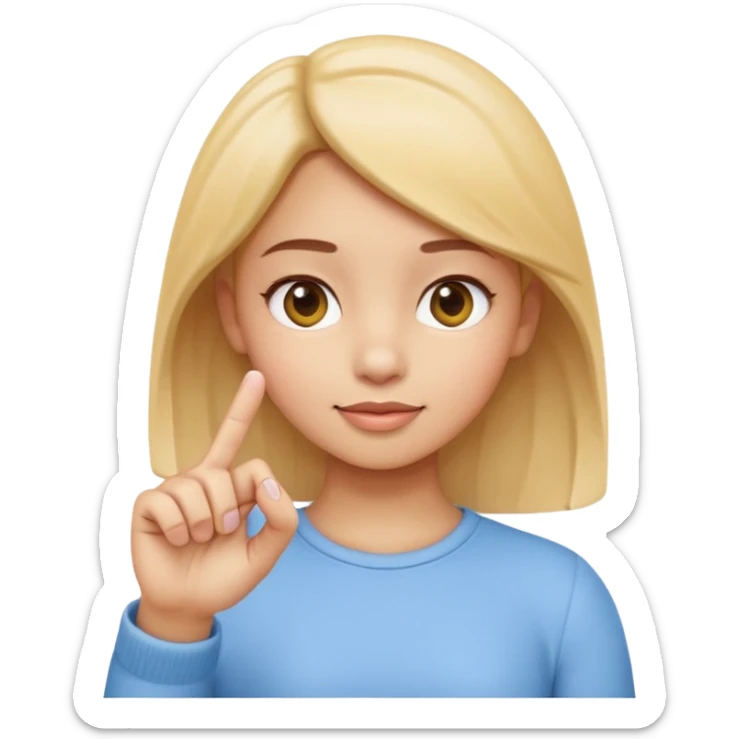 Emoji-style girl (Apple style) making a pinching gesture: thumb and index finger close together showing something is small, other fingers folded, same style as Apple 3D emojis, soft colors, glossy texture sticker
