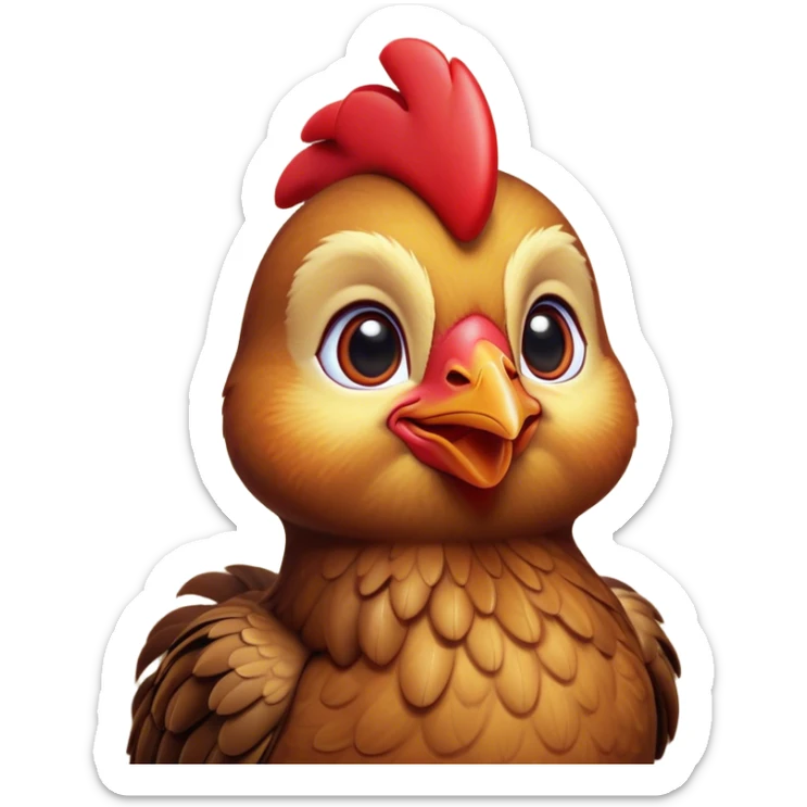 Cinematic Cute Brown Chicken Portrait Emoji, Head tilted playfully and inquisitively, featuring a lustrous brown feathered coat with a natural sheen and a subtle red comb, round, sparkling beady eyes filled with curiosity, Simplified yet irresistibly adorable features, highly detailed, glowing with a warm, friendly glow, high shine, affectionate and lively, stylized with a touch of country charm, bright and endearing, soft glowing outline, capturing the essence of a mischievous yet loving chicken, so playful it feels like it could peck out of the screen and into your arms! sticker