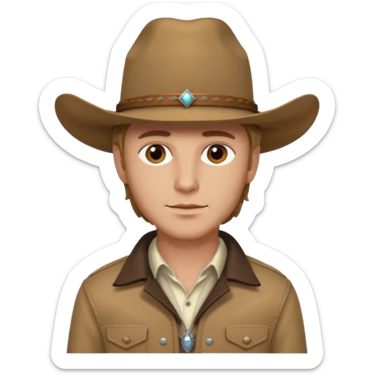 Ennis Del Mar (Male) from Brokeback Mountain with brown eyes, dark blonde hair, ivory shirt, brown jacket and cowboy hat sticker