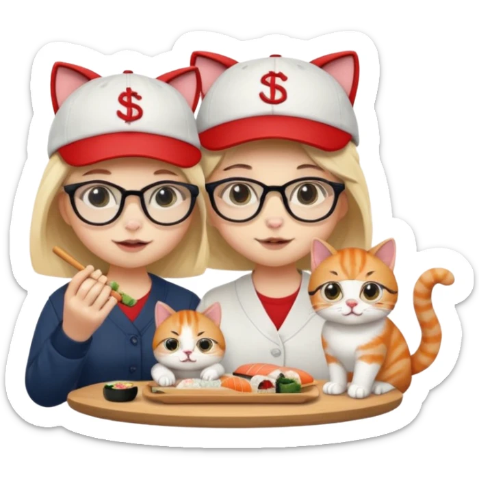 cute girl cat wearing glasses and a cute boy cat wearing a baseball cap eating sushi together sticker