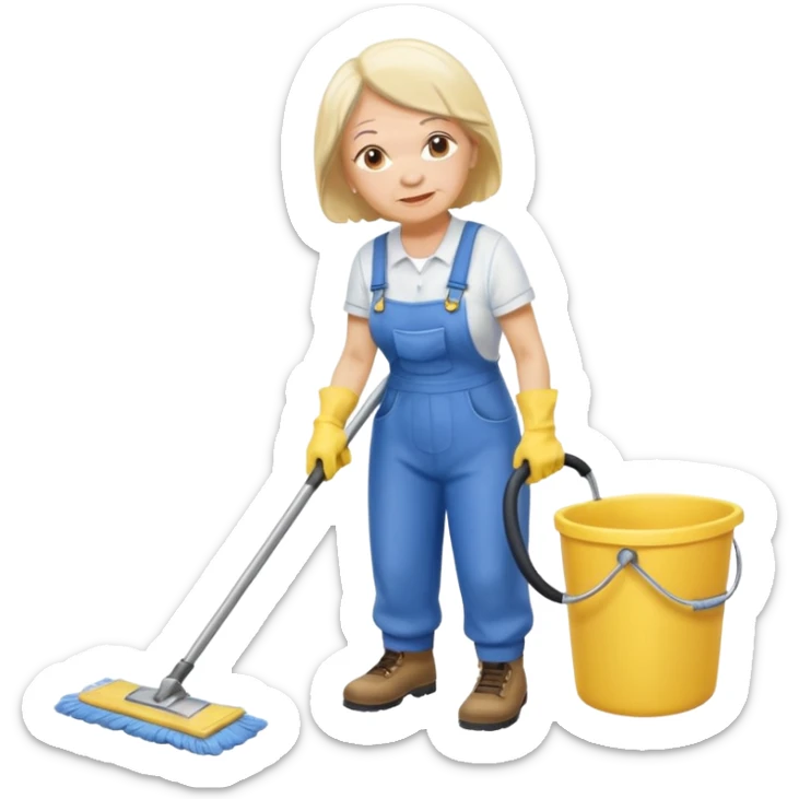 old women, Custodian with yellow rubber gloves, white T-shirt, blue overalls, mopping floor sticker