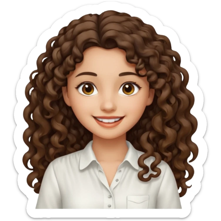 Morena, pele escura, cabelo longo cacheado, pequena e com uma blusa branca sorrindo sticker