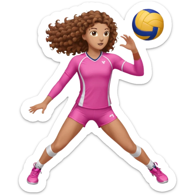 white volleyball player with brown curly hair & pink outfit (long hair) precision details sticker
