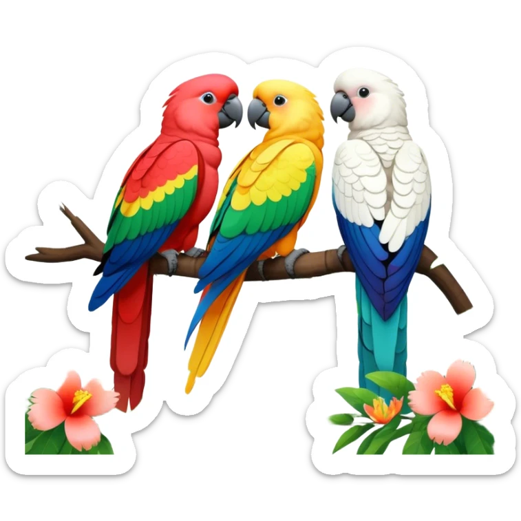 Close-up collage of vibrant Ara parrots and Inca cockatoos sitting on tree branches, surrounded by lush greenery. Bright colors of the birds stand out against a natural, sunny background of trees and flowers. Transparent background. sticker