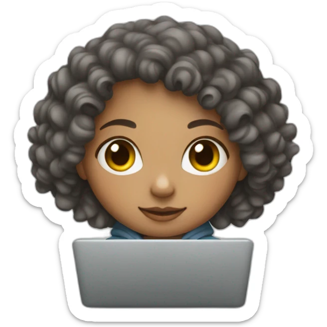 a white tenage curly girl wearing a hoodie working on a laptop sticker