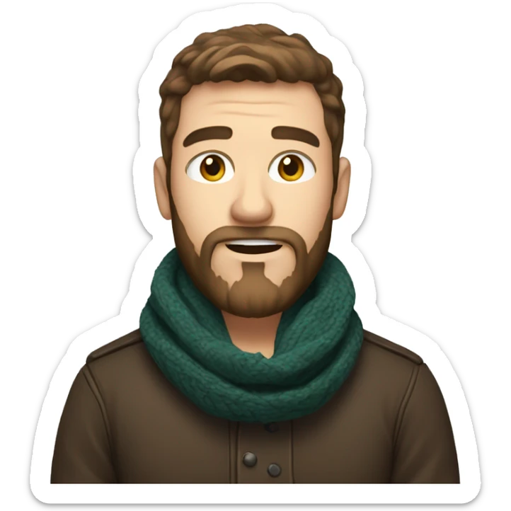 white male with brown hair beard with raised eyebrow and scarf holding black mug sticker