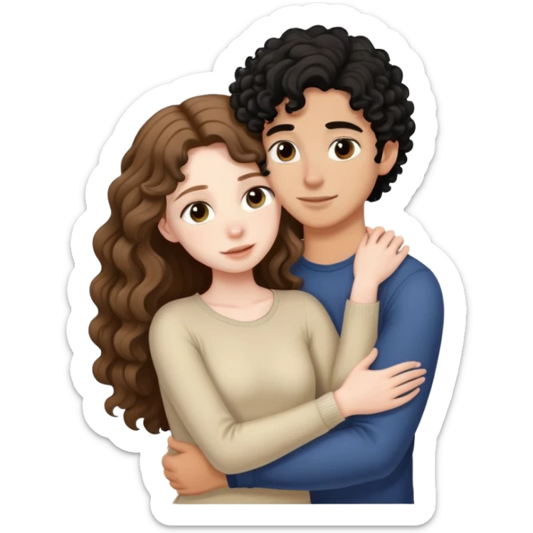 girl with long light brown hair and pale skin hugging a boy with black curly hair and tanned skin sticker
