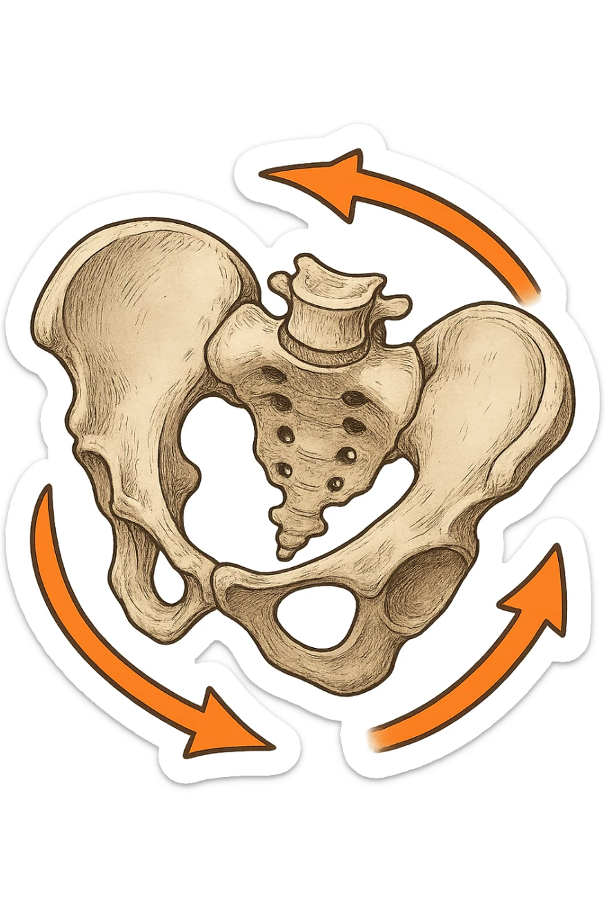 Bacino anatomico ruotato in senso orario con le frecce per far capire sticker