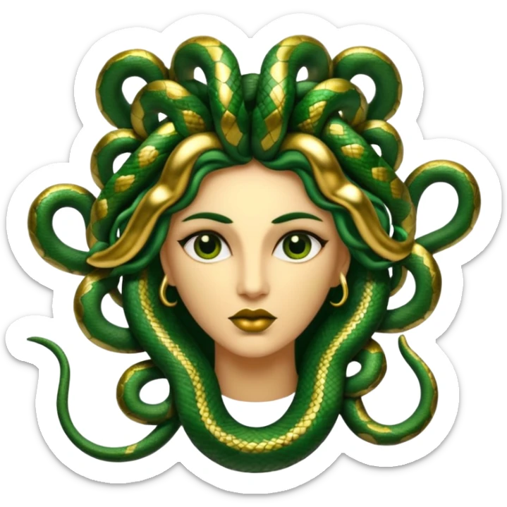 The Sicilian Medusa in gold and green and make the snake hair have snake faces  sticker