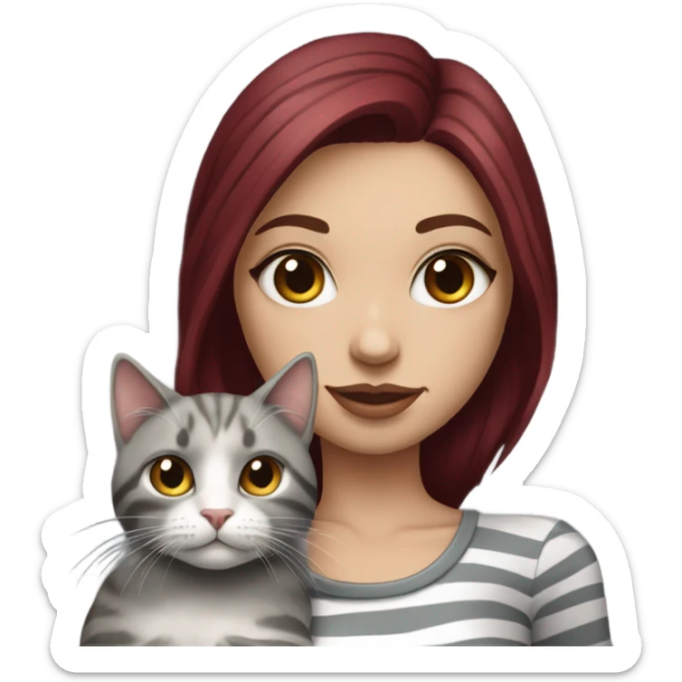 Beautiful burgundy haired tattooed woman holding gray and white striped long hair cat sticker