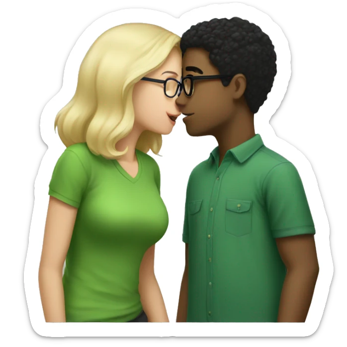 Girl with black hair and glasses wearing a green shirt kissing a boy with blonde hair and glasses, also wearing a green shirt sticker