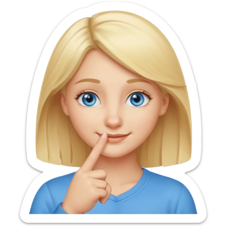 a blond girl with blue eyes putting a finger on the tip of the nose sticker