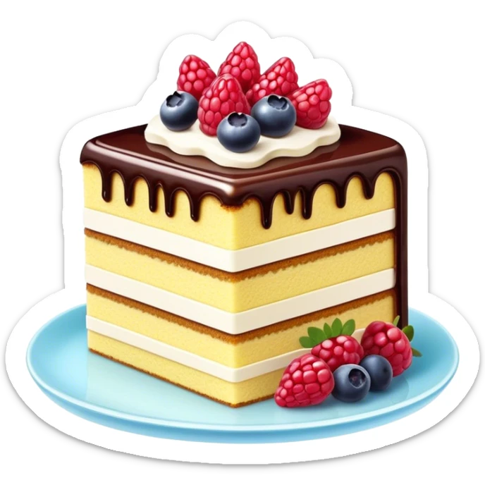 Cinematic luxurious slice of cake, delicate layers of moist sponge and rich frosting, beautifully decorated with fresh berries and a glossy glaze, soft glowing light, elegant and indulgent. sticker