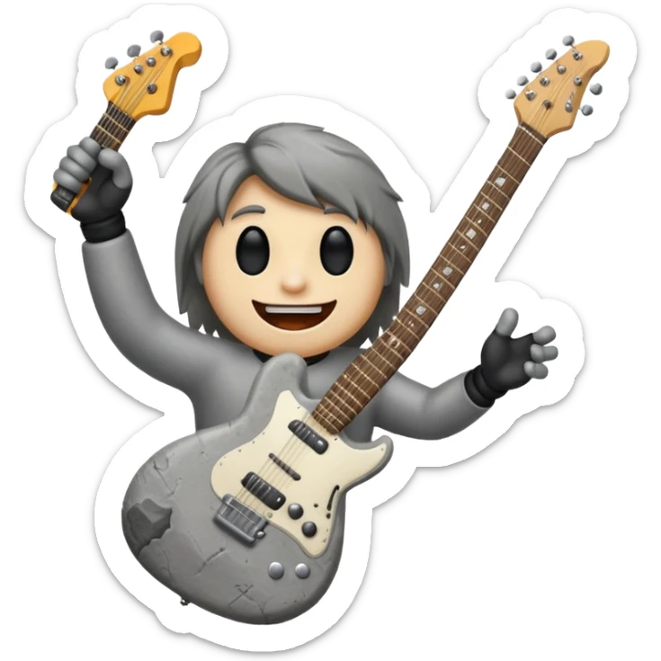 a rock with a happy face that is holding up a rock and roll hand and an electric guitar sticker