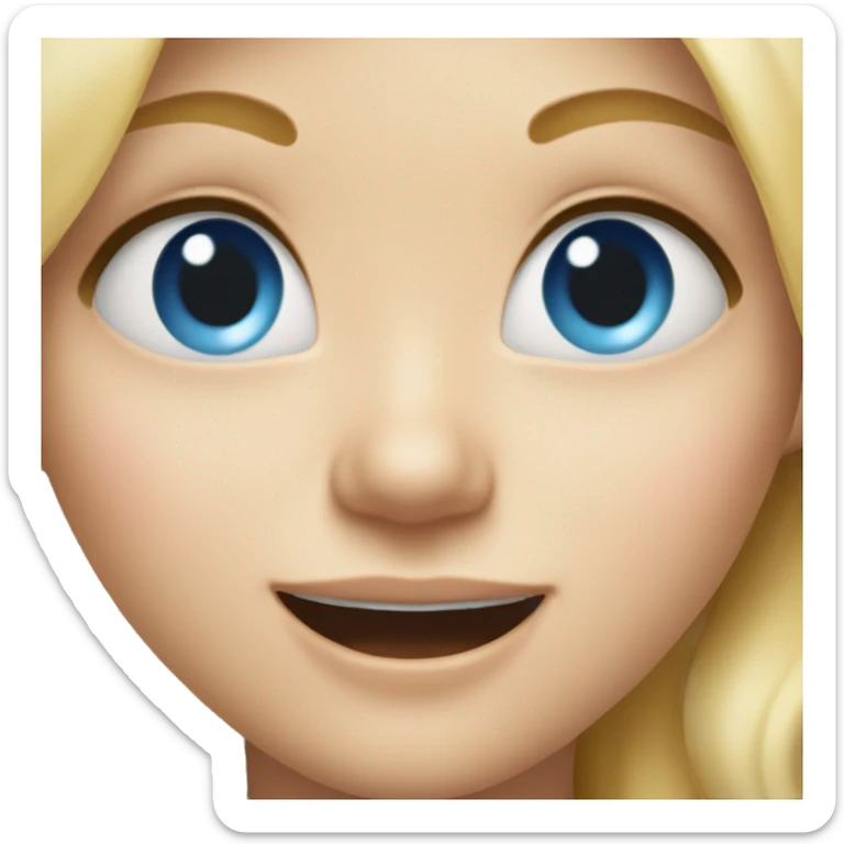Girl with blonde hair and blue eyes with one eye going crosseyed and big gummy smile sticker