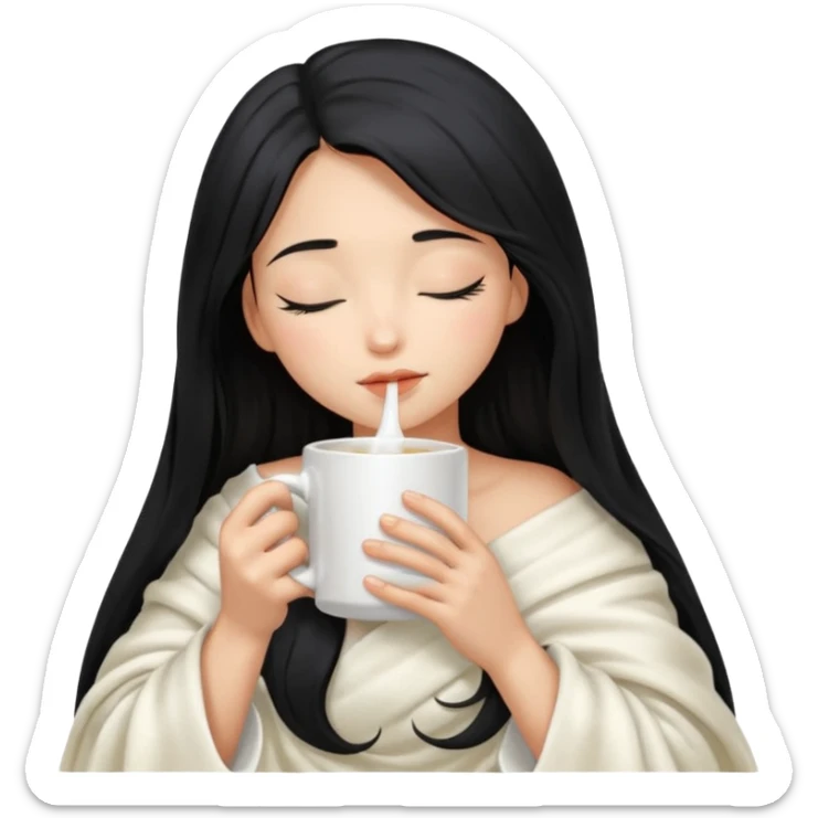 black hair girl long hair inside a white milky satin blanket sipping coffee in white mug eyes closed without coffee in mouth  sticker