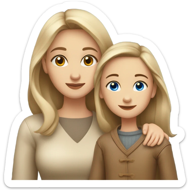 mother and daughter of Slavic appearance blue eyes in leather beige sweaters hugging sticker