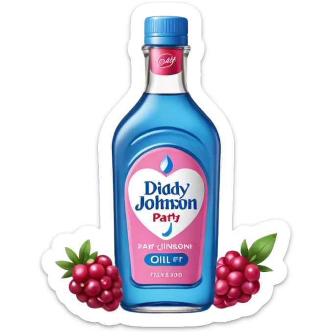 bottle of oil blue top pink outside with logo that says Diddy Party oil Johnson and Johnson  brand with a smiling berry on top sticker