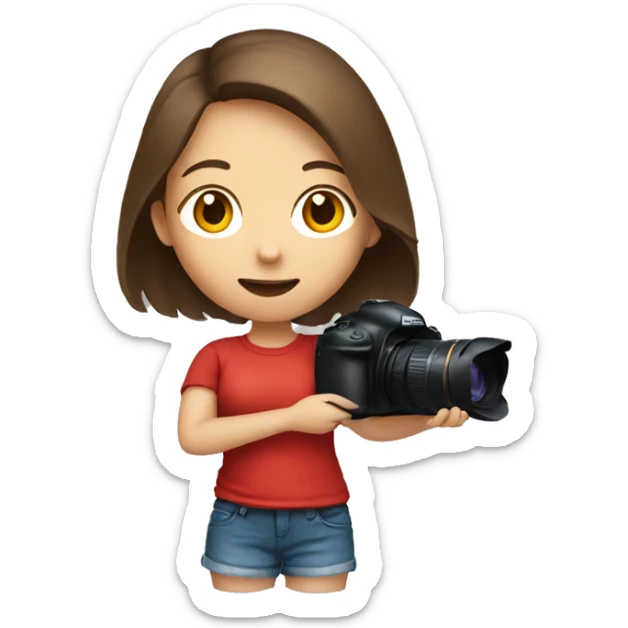 girl with brown hair, in red t-shirt holding camera sticker