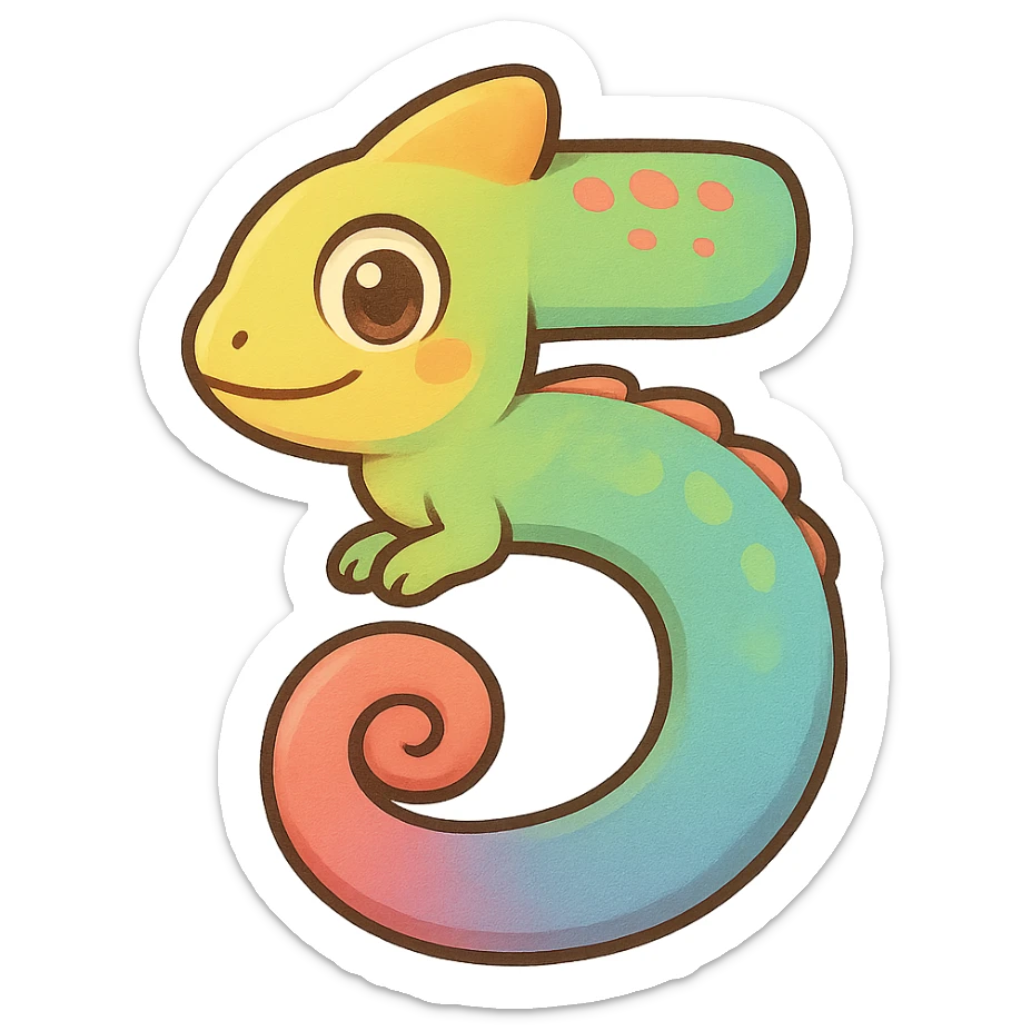 a colorful and playful chameleon shaped like the number 5 sticker