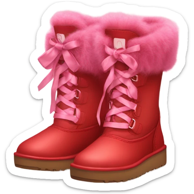Pair of hypre realistic Red Ugg Fur Boots laced out with pink silk ribbon laces at the back of them. sticker