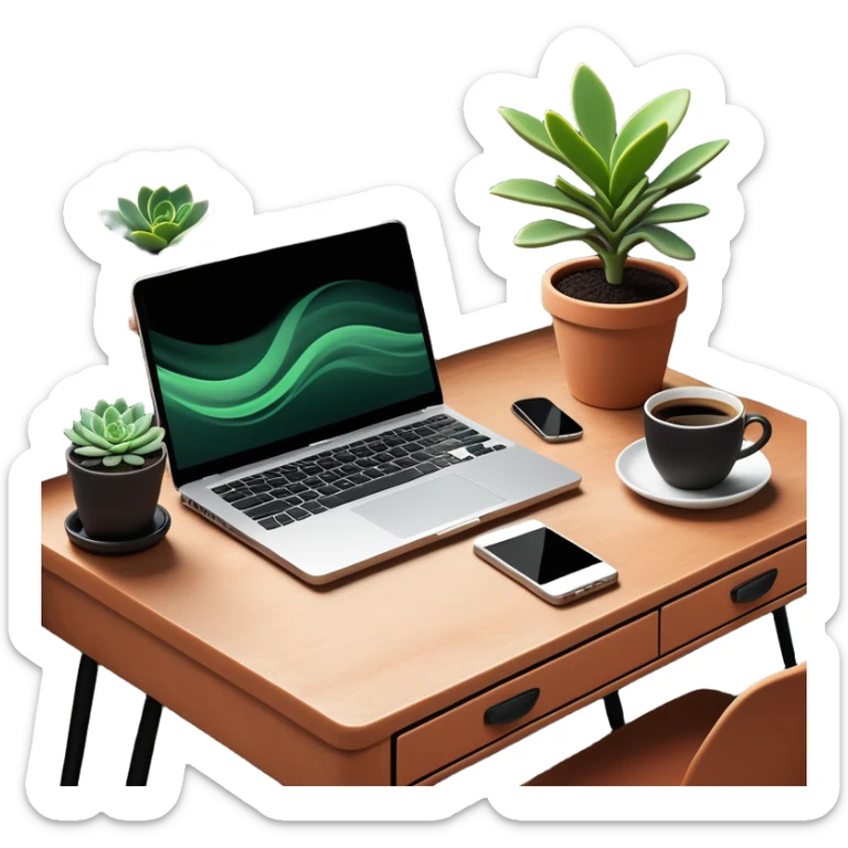 A tidy desk with a laptop, a steaming cup of coffee, and a small green potted plant, showing an organized and inspiring workspace sticker