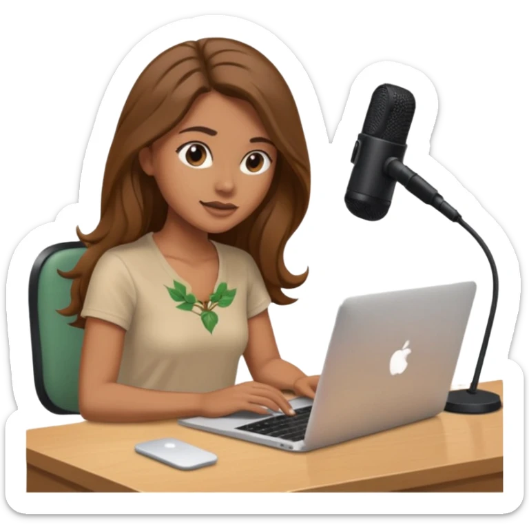 tanned brown long hair woman, sat at desk with MacBook, podcast microphone bleige top and vine color, sexy, glass table sticker